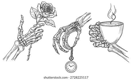 Mão esqueleto segurando xícara de chá e relógio, esboço. Ilustração vetorial. Os dedos ósseos do homem morto estão segurando rosa, conjunto isolado no fundo branco. Por várias ocasiões, a impressão têxtil