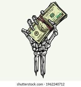 Skeleton hand holding dollar banknotes stack in vintage style isolated vector illustration