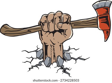 Skeleton Hand Holding Fire Axe Vector Illustration
