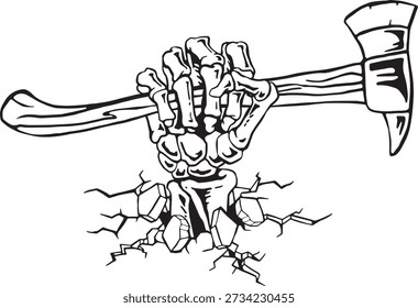 Skeleton Hand Holding Fire Axe Ilustração vetorial em preto e branco