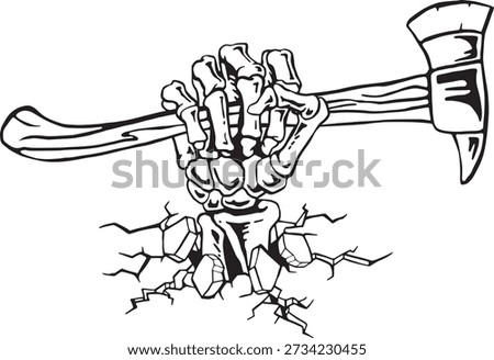 Skeleton Hand Holding Fire Axe Black and White Vector Illustration