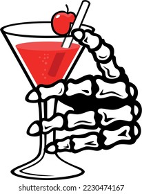 Skeleton Hand Holding a Glass of Red Cocktail