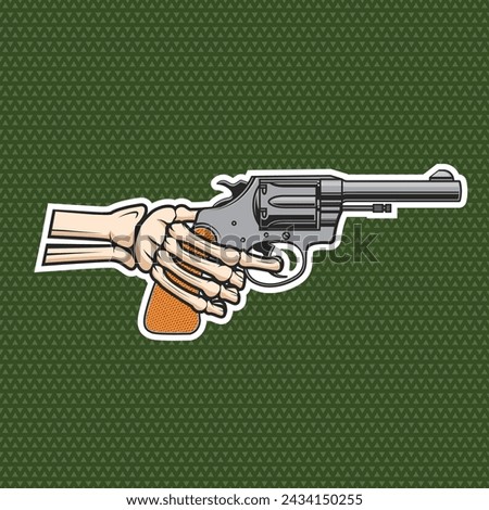 Skeleton hand holding gun shoting sticker, patch for clothing. Vector illustration. Fashion patches T-shirt print design