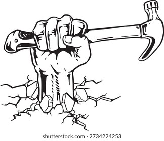 Skeleton Hand Holding Hammer Black and White Mechanic Vector Illustration