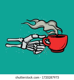 Skeleton hand holding hot coffee mug. Human hand with pottery. Drinking symbol emblem vector concept. Cup of coffee with steam rises