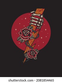 skeleton hand holding lightning and roses with traditional old school tattoo style