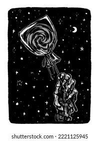 Skeleton hand holding a lollipop. Halloween monochrome hand drawn vector illustration. Abstract graphic picture isolated on white. Artistic print on vintage style..