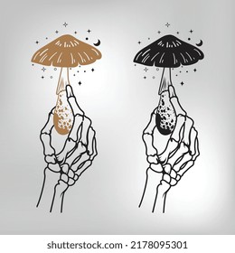 Skeleton hand holding a magic mushroom Vector illustration Tattoo Designs