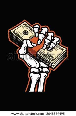 Skeleton Hand Holding Money Illustration Design Vector