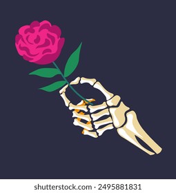 Skeleton Hand Holding Pink Rose