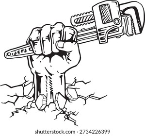 Skeleton Hand Holding Pipe Wrench Black and White Mechanic Vector Illustration
