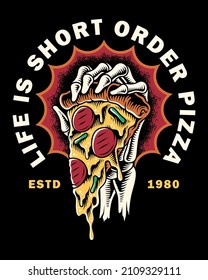 skeleton hand holding pizza