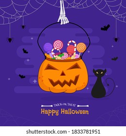 Skeleton Hand Holding Pumpkin Basket Full of Candies with Scary Cat, Spiderweb and Bats Fly on Violet Background for Happy Halloween.