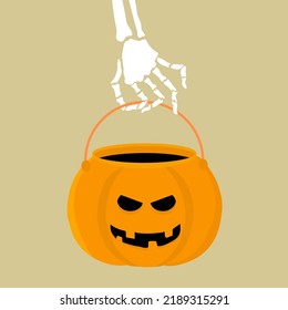 Skeleton Hand Holding Pumpkin Halloween Candy Basket