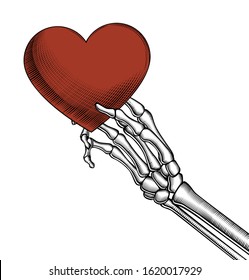 Skeleton hand holding a red heart. Vintage engraving stylized drawing. Vector illustration.