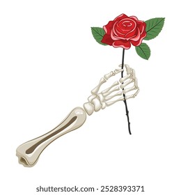 Skeleton hand holding a red rose, symbolizing beauty and darkness in one illustration