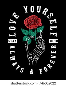 Skeleton hand holding a red rose. Vector illustration for t-shirt and other uses.