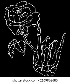 Skeleton hand holding a rose in calligraphic style