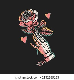 skeleton hand holding rose flower colorful