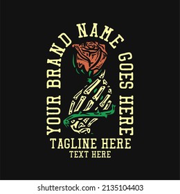 skeleton hand holding a rose flower vintage t shirt design template