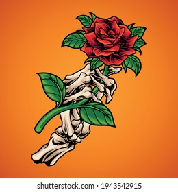 Skeleton Hand Holding Rose Illustration