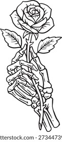 Skeleton Hand Holding Rose Line Art, Gothic Tattoo Vector Illustration