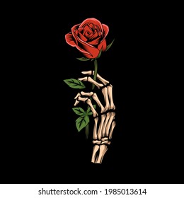 Skeleton Hand Holding Rose Vector Illustration