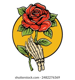 Skeleton Hand Holding Rose Vector Illustration On Isolated Background