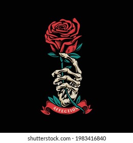 Skeleton Hand Holding Roses Ribbon Above Stock Vector (Royalty Free ...