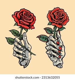 Skeleton Hand Holding Roses für Streetwear T-Shirt Design Vektorgrafik