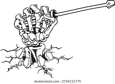 Skeleton mão segurando chave de fenda Preto e branco Mecânico Ilustração vetorial Estilo Grunge