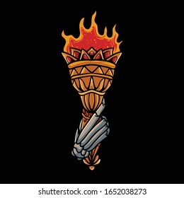 Skeleton hand holding torch vector art. Fire torch design. Halloween party. Horror illustration for tshirt design, sticker, web landing page, or poster