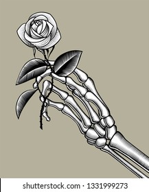 Skeleton hand holding a white rose. Vintage engraving stylized drawing. Vector illustration