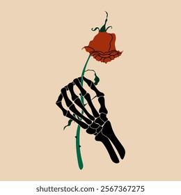 A skeleton hand holding a withered rose. Anti Valentine's day concept.