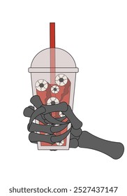 Skeleton hand holds Bubble Tea with eyeballs isolated transparent background. Halloween cocktail template design. Flat vector illustration for bar night club menu design. EPS 10