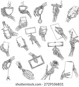 La mano del esqueleto sostiene una taza y una botella, una tarjeta de crédito y un boceto de cigarros. Ilustración vectorial. Colección de gestos de mano muerta con dedos óseos aislados sobre fondo blanco. Adecuado para varias ocasiones.