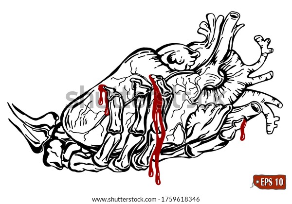 骸骨の手は心を持ち 血が流れる 白い背景にスケルトン手と心のベクター手描きのイラスト Tシャツ ステッカーで印刷するデザイン タトゥー のベクター画像素材 ロイヤリティフリー