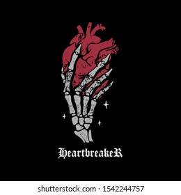 A skeleton hand holds heart   the inscription heartbreaker  Design for printing T  shirts  stickers   more  Vector 