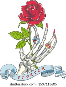 Skeleton hand holds a rose with forever ribbon.