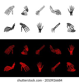 Skeleton hand icon set in black and red color. Human skeleton bone hands. Vector skeleton hand icon set for packaging medical, design, decoration, print, t-shirt design