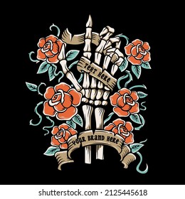 skeleton hand illustration with roses arround