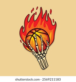 skeleton hand keep basketball with fire illustration design 