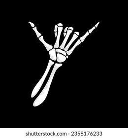 Skeleton hand making hang loose, surf or shaka sign gesture with bony fingers. Isolated vector skeletal palm creating a haunting sight that evokes a sense of mystery. Aloha cool gesturing symbol