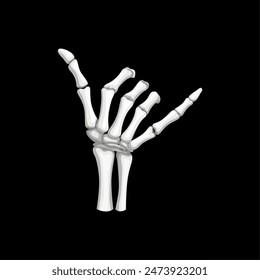 Skeleton hand making hang loose, surf or shaka sign gesture with bony fingers. Isolated vector aloha cool gesturing symbol. Skeletal palm creating a haunting sight that evokes a sense of mystery