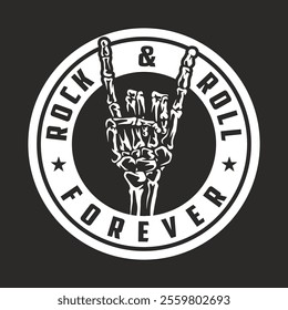 A skeleton hand making the iconic rock and roll gesture is enclosed in a circular design. The text highlights the themes of music rebellion and timelessness.