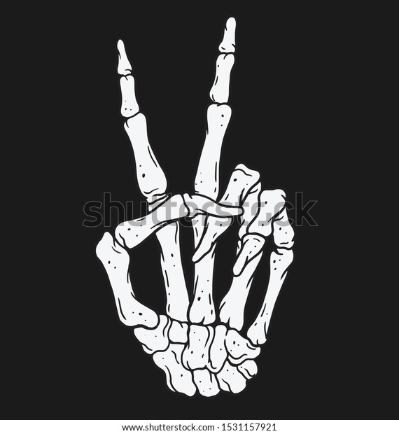 Skeleton hand making peace sign gesture. Vintage\
illustration style.