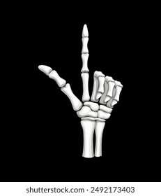 Skeleton hand making pointing up gesture. Isolated vector bony skeletal palm emerges from the darkness, its elongated finger forming an eerie pointing-up sign, spectral guide in the night of Halloween