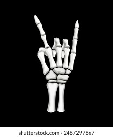 Skeleton hand making rock or devil horns gesture. Isolated vector skeletal palm evoking a sense of mystery and dread with protruding bony fingers contorted in a haunting and otherworldly pose