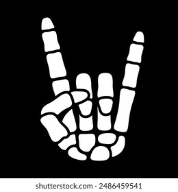 Skeleton hand making rock sign. Heavy metal hand gesture in cartoon comic style. Simple black and white vector illustration.