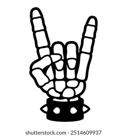 Skeleton hand making rock sign. Heavy metal hand gesture in cartoon comic style. Music fan hand with spiked leather bracelet. Vector illustration.